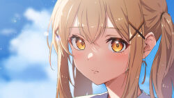 Rule 34 | 1girl, absurdres, bang dream!, blonde hair, blue sky, blurry, blurry background, blush, chromatic aberration, closed mouth, cloud, commentary, crossed bangs, day, depth of field, hair between eyes, hair ornament, highres, ichigaya arisa, lens flare, light particles, long hair, looking at viewer, negoma54, outdoors, portrait, shirt, sidelocks, sky, solo, twintails, white shirt, x hair ornament, yellow eyes