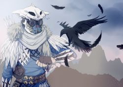Rule 34 | 1other, ambiguous gender, animal on arm, animal skull, apex legends, beige scarf, bird, bird on arm, bloodhound (apex legends), brown gloves, clenched hand, crow, feather trim, feathers, fingerless gloves, gas mask, gloves, goggles, highres, mask, mountain, nroc, skull, skull on head, solo, young blood bloodhound