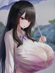 Rule 34 | 1girl, black hair, blue flower, blunt bangs, blurry, blurry background, blush, bra, bra visible through clothes, breasts, collared shirt, commentary, flower, flying sweatdrops, gigantic breasts, grey sky, hair ornament, hairclip, highres, holding, holding umbrella, hydrangea, long hair, long sleeves, metae, mole, mole under eye, open mouth, original, outdoors, overcast, purple bra, purple eyes, rain, shirt, sidelocks, sky, solo, symbol-only commentary, umbrella, underwear, wet, wet clothes, wet shirt