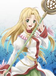 Rule 34 | 1girl, ahoge, blonde hair, breasts, cecilia lynne adelhyde, commentary request, dress, holding, holding weapon, link (aa30), long hair, looking at viewer, open mouth, smile, solo, standing, very long hair, wand, weapon, wild arms, wild arms 1