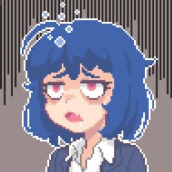 Rule 34 | 1girl, ahoge, bags under eyes, blue hair, collared shirt, commentary, drooling, english commentary, fang, gloom (expression), grey background, hcnone, open mouth, original, pixel art, red eyes, saliva, shirt, short hair, simple background, skin fang, skye (hcnone), sleepy, solo, upper body