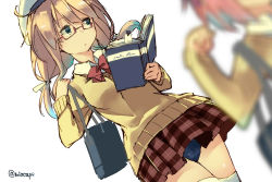Rule 34 | 10s, 1girl, bag, blonde hair, blue eyes, blurry, book, chig (mizusaki), depth of field, glasses, hat, holding, i-58 (kancolle), i-8 (kancolle), kantai collection, long hair, low twintails, out of frame, school bag, school swimsuit, sketch, solo, solo focus, swimsuit, swimsuit under clothes, twintails