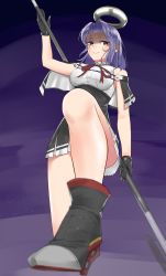 Rule 34 | 1girl, bare shoulders, black capelet, black gloves, black skirt, blurry, blurry foreground, breasts, c-da, capelet, collared shirt, commentary request, detached sleeves, from below, glaive (polearm), gloves, halo, headgear, highres, holding, holding weapon, kantai collection, looking at viewer, mechanical halo, miniskirt, multicolored background, parted bangs, polearm, purple eyes, purple hair, shaded face, shirt, short hair, skirt, sleeveless, sleeveless shirt, smile, solo, tatsuta (kancolle), tatsuta kai ni (kancolle), thighs, weapon, weapon on back