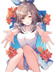 Rule 34 | 1girl, armpit peek, bad id, bad twitter id, bare legs, blue bow, blue skirt, blue theme, blush, bow, breasts, brown eyes, brown hair, carry me, cloud, collarbone, collared shirt, day, flower, foreshortening, hair bow, idolmaster, idolmaster shiny colors, large breasts, long hair, looking at viewer, open mouth, outside border, outstretched arms, ponytail, reaching, reaching towards viewer, red flower, shirt, simple background, sitting, skirt, sky, sleeveless, sleeveless shirt, smile, solo, swept bangs, tsukioka kogane, ultone (neisiss), white background, white shirt, wide ponytail