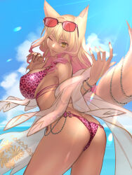 Rule 34 | 1girl, absurdres, animal ears, animal print, ass, bikini, blonde hair, blue sky, breasts, butt crack, chain, cloud, commentary request, day, eyewear on head, fate/grand order, fate (series), fingernails, fox ears, fox tail, grin, hair between eyes, highres, index finger raised, large breasts, leopard print, lips, long hair, looking at viewer, multicolored hair, nail polish, one eye closed, outdoors, parted lips, pink-tinted eyewear, pink bikini, pink hair, pink lips, pink nails, print bikini, ri-ko, seductive smile, sky, smile, solo, sunglasses, sunlight, suzuka gozen (fate), suzuka gozen (swimsuit rider) (fate), suzuka gozen (swimsuit rider) (second ascension) (fate), swimsuit, tail, tan, tinted eyewear, two-tone hair, yellow eyes