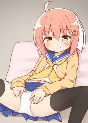 Rule 34 | 1girl, ahoge, ayanepuna, black thighhighs, blue sailor collar, blue skirt, blush, brown cardigan, brown eyes, cardigan, closed mouth, clothes lift, feet out of frame, hair between eyes, hair ornament, hair ribbon, hairclip, highres, long sleeves, midriff peek, navel, neckerchief, one side up, open cardigan, open clothes, original, panties, pillow, pink hair, pleated skirt, ribbon, sailor collar, school uniform, serafuku, shirt, skirt, skirt lift, sleeves past wrists, solo, spread legs, thighhighs, underwear, wavy mouth, white panties, white ribbon, white shirt, yellow neckerchief, yune (ayanepuna)