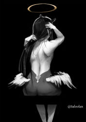 Rule 34 | 1girl, artist name, ass, back, back focus, baloolax, black background, black hair, from behind, greyscale, halo, hands in hair, highres, hololive, hololive english, long hair, low wings, monochrome, ninomae ina&#039;nis, pointy ears, shoulder blades, sitting, solo, spot color, tentacle hair, twitter username, very long hair, virtual youtuber, white wings, wings