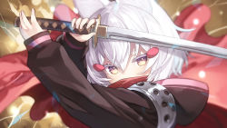 Rule 34 | 1girl, animal ears, capriccio, child, colored eyelashes, commentary request, hair between eyes, highres, holding, holding sword, holding weapon, hood, hood down, katana, long sleeves, looking at viewer, phase connect, purple eyes, red scarf, scarf, short hair, sleeves past wrists, solo, sword, tenma maemi, virtual youtuber, weapon, white hair