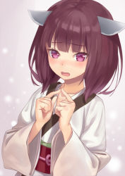 Rule 34 | 1girl, blush, brown hair, commentary request, doonatsu., fingers together, headgear, index fingers together, japanese clothes, kimono, long sleeves, nose blush, obi, open mouth, purple eyes, sash, solo, touhoku kiritan, voiceroid, white kimono, wide sleeves