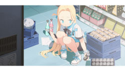 Rule 34 | 1girl, apron, bike shorts, black shorts, blonde hair, blue apron, blue archive, blue eyes, bottle, can, clipboard, closed mouth, collared shirt, commentary request, forehead, full body, highres, holding, holding can, indoors, long hair, parted bangs, shadow, shirt, shoes, short shorts, short sleeves, shorts, socks, solo, sora (blue archive), squatting, two side up, very long hair, waterkuma, wavy mouth, white footwear, white shirt, white socks