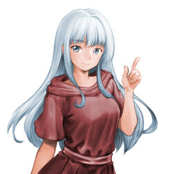 Rule 34 | 1girl, ancient ys vanished, blue eyes, breasts, closed mouth, hand up, highres, index finger raised, long hair, medium breasts, minamoto80486, pink sash, reah (ys), red robe, ringed eyes, robe, sash, short sleeves, simple background, smile, solo, white background, white hair, ys