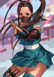 Rule 34 | 1girl, arm guards, artist request, capcom, fighting stance, fingerless gloves, gloves, holster, ibuki (street fighter), kunai, looking at viewer, mask, miniskirt, school uniform, skirt, solo, source request, street fighter, street fighter v, thigh holster, thighhighs, weapon