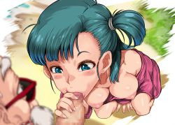 Rule 34 | 1boy, 1girl, :&gt;=, age difference, beach, beard, blue eyes, blush, breasts, breasts out, bulma, censored, dragon ball, dragon ball (classic), dress, erection, facial hair, fellatio, from above, green hair, hetero, kneeling, legs, long hair, medium breasts, mosaic censoring, mustache, muten roushi, nightgown, nipples, no bra, off-shoulder dress, off shoulder, old, old man, older man and younger girl, oral, outdoors, penis, penis awe, pink nightgown, puffy areolae, sakuradou, sand, side ponytail, standing, sunglasses, sweatdrop, thighs