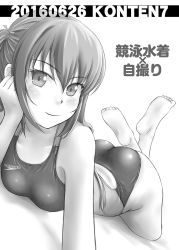 Rule 34 | 1girl, barefoot, competition swimsuit, greyscale, highres, long hair, lying, monochrome, on stomach, one-piece swimsuit, original, solo, swimsuit, tk4, twintails, two side up