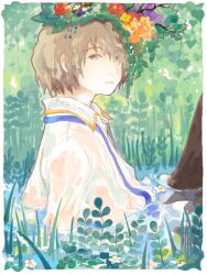 Rule 34 | 1boy, ah roro, arm support, bad drawr id, bad id, black pants, blue ribbon, border, branch, brown eyes, brown hair, closed mouth, collared shirt, flower, flower wreath, food, fruit, grapes, grass, head wreath, leaf, long sleeves, looking at viewer, male focus, oekaki, original, pants, partially submerged, reclining, red flower, ribbon, shirt, short hair, solo, wet, wet clothes, wet shirt, white border, white flower, white shirt, yellow flower