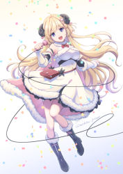 Rule 34 | 1girl, ahoge, animal ears, bare legs, bare shoulders, belt pouch, black footwear, blonde hair, boots, bow, bowtie, breasts, brooch, candy hair ornament, cape, confetti, curled horns, dancing, detached sleeves, dress, food-themed hair ornament, full body, fur-trimmed boots, fur-trimmed cape, fur-trimmed dress, fur-trimmed sleeves, fur collar, fur trim, gradient background, hair ornament, hairclip, half updo, halter dress, halterneck, head tilt, holoforce, hololive, horns, jewelry, large breasts, layered skirt, long hair, looking at viewer, microphone, microphone cord, miniskirt, open mouth, pink cape, pointy ears, pouch, purple eyes, red bow, red bowtie, sheep ears, sheep girl, sheep horns, short dress, skirt, sleeveless, sleeveless dress, smile, solo, tareme, tight clothes, tight dress, tsunomaki watame, tsunomaki watame (1st costume), twitter username, very long hair, virtual youtuber, white dress, yoruno mahiru