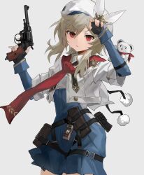 Rule 34 | 1girl, beret, black neckerchief, blonde hair, blue jumpsuit, breasts, closed mouth, finger on trigger, fingerless gloves, gas-seal revolver, girls&#039; frontline, girls&#039; frontline 2: exilium, gloves, gun, hair between eyes, handgun, hands up, hat, hat feather, highres, holding, holding weapon, hoo, jumpsuit, long hair, long sleeves, looking at viewer, nagant m1895, nagant revolver (girls&#039; frontline), neckerchief, pouch, red eyes, red scarf, revolver, scarf, sidelocks, simple background, small breasts, solo, stuffed animal, stuffed toy, sweat, two-tone jumpsuit, upper body, weapon, white background, white hat