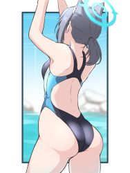 Rule 34 | 1girl, animal ears, arched back, armpits, arms up, ass, back, back cutout, bare arms, bare shoulders, black one-piece swimsuit, blue archive, breasts, clothing cutout, competition swimsuit, cowboy shot, extra ears, fox ears, from behind, grey hair, halo, highleg, highleg swimsuit, highres, jibako, long hair, one-piece swimsuit, ponytail, shiroko (blue archive), shiroko (swimsuit) (blue archive), sidelocks, small breasts, solo, standing, swimsuit