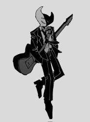 Rule 34 | 1boy, floating, full body, greyscale, grin, guitar, hands in pockets, highres, hylics, hylics 2, instrument, jacket, looking at viewer, maskv, monochrome, necktie, pants, shoes, smile, solo, wayne (hylics)