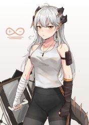 Rule 34 | 1girl, absurdres, arknights, bandages, bare shoulders, black pantyhose, blush, breasts, brown eyes, cowboy shot, curled horns, gradient background, grey background, hair between eyes, highres, holding, holding shield, horns, long hair, looking at viewer, mango (mgo), medium breasts, multiple horns, pantyhose, parted lips, saria (arknights), shield, silver hair, solo, standing, tail, tank top, thighband pantyhose, very long hair, white tank top