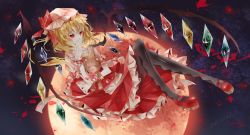 Rule 34 | 1girl, argyle, argyle clothes, argyle legwear, bear, black pantyhose, blonde hair, blood, blood splatter, crystal, dated, flandre scarlet, full moon, hand on own chin, hat, hat ribbon, highres, hugging object, knees together feet apart, mary janes, mob cap, moon, night, night sky, pantyhose, red eyes, red moon, ribbon, shoes, side ponytail, sky, solo, stuffed animal, stuffed toy, touhou, toy, wings, wm (suika1518896819), wrist cuffs