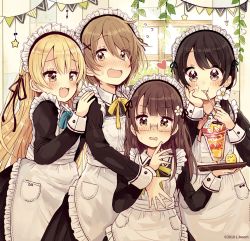 Rule 34 | 2018, 4girls, :3, :d, :t, animal, apron, bird, black dress, blonde hair, blue bow, blush, bow, brown eyes, brown hair, chick, closed mouth, commentary request, day, dress, eating, fang, flower, flying sweatdrops, food, food on face, glasses, hair between eyes, hair flower, hair ornament, hand on another&#039;s shoulder, hand on own cheek, hand on own face, heart, highres, holding, holding spoon, holding tray, indoors, juliet sleeves, light brown hair, long hair, long sleeves, maid, maid apron, maid headdress, multiple girls, nose blush, open mouth, original, parfait, pennant, pink bow, puffy sleeves, sakura oriko, smile, spoon, star (symbol), string of flags, sunlight, tray, very long hair, white apron, white flower, window, x hair ornament, yellow bow