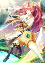 Rule 34 | 1girl, absurdres, angel wings, armor, armored boots, bird, black footwear, boots, collarbone, crown, dress, feathered wings, flying, from side, full body, highres, holding, holding weapon, knee boots, lance, long hair, looking at viewer, mini crown, original, outdoors, parted lips, polearm, red eyes, red hair, shinonome haru, solo, sparkle, two side up, very long hair, weapon, white dress, white wings, wings