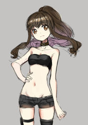 Rule 34 | 1girl, asymmetrical legwear, bandeau, bare arms, bare shoulders, black bandeau, black bra, black shorts, black thighhighs, bra, brown collar, brown eyes, brown hair, closed mouth, code none, code none, collar, collarbone, cowboy shot, fate/extra, fate (series), floating hair, grey background, groin, hand on own hip, head tilt, high ponytail, holster, kishinami hakuno (female), long hair, looking at viewer, lowleg, lowleg shorts, midriff, navel, short shorts, shorts, sidelocks, simple background, single thighhigh, sketch, solo, standing, stomach, strapless, strapless bra, thigh holster, thighhighs, tube top, underwear, very long hair