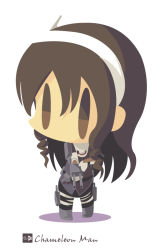 Rule 34 | 1girl, artist name, ashigara (kancolle), bad id, bad pixiv id, brown eyes, brown hair, cannon, chameleon man (three), chibi, full body, hairband, kantai collection, long hair, no lineart, no mouth, simple background, solo, standing, white background