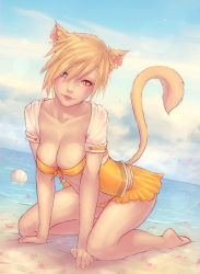 Rule 34 | 10s, 1girl, all fours, animal ears, warrior of light (ff14), beach, bikini, bikini top only, blonde hair, blue eyes, breasts, cat ears, cat tail, cleavage, final fantasy, final fantasy xiv, heterochromia, jacket, kneeling, lips, looking at viewer, miqo&#039;te, open clothes, open jacket, short hair, skirt, slit pupils, smile, solo, soranamae, swimsuit, tail, yellow eyes