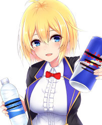 Rule 34 | .live, 1girl, :d, ahoge, bar censor, black jacket, blue eyes, blush, bottle, bow, bowtie, breasts, can, censored, censored text, center frills, character request, collared shirt, commentary request, energy drink, etan14, frills, hair between eyes, highres, holding, holding bottle, holding can, jacket, large breasts, long hair, long sleeves, looking at viewer, open clothes, open jacket, open mouth, outstretched arm, pocari sweat, red bow, red bowtie, red bull, shirt, simple background, smile, solo, upper body, ushimaki riko, virtual youtuber, white background, white shirt