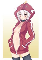 Rule 34 | 1girl, absurdres, bottomless, breasts, highres, hood, hooded track jacket, hoodie, jacket, magikarp, naked hoodie, naked jacket, no bra, nugi (armenci), open clothes, personification, pokemon, red eyes, short hair, solo, thighhighs, track jacket, white hair