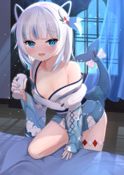 Rule 34 | 1girl, bare shoulders, blue eyes, blue hair, blush, bottle, breasts, detached sleeves, gawr gura, gawr gura (new year), highres, hololive, hololive english, japanese clothes, kimono, looking at viewer, medium hair, multicolored hair, nc731, no bra, open mouth, sake bottle, sharp teeth, small breasts, solo, streaked hair, teeth, thigh strap, two-tone hair, two side up, undressing, virtual youtuber, wide sleeves