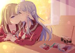 Rule 34 | arm around neck, assault lily, blonde hair, blunt bangs, braid, breasts, brown sailor collar, camera, closed mouth, collarbone, commentary request, evening, eye contact, face-to-face, grey hair, hair behind ear, hair ribbon, half-closed eyes, hand on another&#039;s ear, hand up, holding hands, indoors, interlocked fingers, kanba girls high school uniform, kon kanaho, lens flare, light blush, light particles, long hair, long sleeves, looking at another, medium breasts, miyagawa takane, morugen, necktie, photo (object), profile, purple eyes, purple ribbon, red shirt, ribbon, sailor collar, school uniform, serafuku, shade, shirt, short necktie, side-by-side, side braid, sidelocks, single-lens reflex camera, single braid, sitting, smile, sunlight, table, upper body, white necktie, window, yellow eyes, yuri