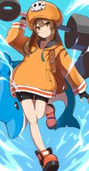 Rule 34 | 1girl, anchor, bike shorts, black gloves, breasts, brown eyes, brown hair, commentary request, fingerless gloves, gloves, guilty gear, guilty gear strive, hat, hood, hoodie, kazamillust, long hair, looking at viewer, may (guilty gear), mr. dolphin (guilty gear), orange hat, orange hoodie, orange shirt, pirate hat, shirt, skull and crossbones, smile, solo