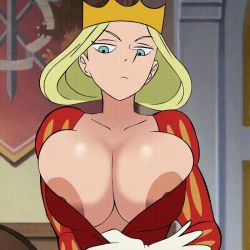 Rule 34 | 1girl, animated, animated gif, areola slip, blonde hair, blue eyes, bouncing breasts, breasts, breasts out, bursting breasts, castle, cleavage, clothes pull, collarbone, crown, divine wine (vampiranhya), dress, elbow gloves, flag, flashing, gloves, hilling (ousama ranking), huge breasts, indoors, jitome, large breasts, long hair, looking at viewer, nipple slip, nipples, no bra, ousama ranking, pointy nose, red dress, solo, teasing