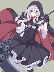 Rule 34 | 1girl, black cape, black corset, black gloves, black skirt, blue eyes, bow, bowtie, cape, center frills, corset, feet out of frame, frilled skirt, frills, gloves, grey background, grey hair, hair between eyes, highres, holding, holding scythe, holding weapon, hood, hood up, hooded cape, looking at viewer, mashita (kuzsat), original, red bow, red bowtie, scythe, shirt, sidelocks, simple background, skirt, skull, sleeves past elbows, smile, solo, striped clothes, striped thighhighs, thighhighs, two-sided cape, two-sided fabric, weapon, white shirt