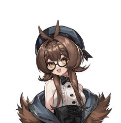 Rule 34 | 1girl, absurdres, bad id, bad pixiv id, bare shoulders, beret, black bow, bow, brown eyes, brown hair, brown wings, clover theater, eyewear strap, feather hair, glasses, hair ornament, hairclip, harpy, hat, highres, jacket, monster girl, ningtiaoyu, norris (clover theater), open mouth, round eyewear, semi-rimless eyewear, shirt, short hair, short hair with long locks, simple background, sleeveless, sleeveless shirt, solo, tiara, white background, white shirt, winged arms, wings