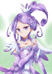 Rule 34 | 1girl, brooch, choker, cure sword, dokidoki! precure, dress, earrings, forehead, gradient background, green background, hair ornament, heart, heart brooch, high ponytail, highres, jewelry, kenzaki makoto, long hair, looking at viewer, paratsumuri, ponytail, precure, purple choker, purple dress, purple eyes, purple hair, purple skirt, purple sleeves, skirt, solo, spade (shape), spade earrings, spade hair ornament, upper body