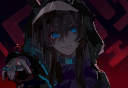 Rule 34 | 1girl, 9degree, amiya (arknights), arknights, black coat, blood, blood drop, blood on face, blue eyes, brown hair, closed mouth, coat, commentary, water drop, hair between eyes, head tilt, highres, hood, hood up, hooded coat, jewelry, light smile, long hair, looking at viewer, multiple rings, neck ring, open clothes, open coat, outstretched arm, portrait, red background, ring, simple background, solo, symbol-only commentary, visor cap