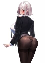 Rule 34 | 1girl, :o, absurdres, arched back, ass, black jacket, black necktie, blush, breasts, brown pantyhose, commentary request, from behind, grey hair, highres, jacket, large breasts, long sleeves, looking at viewer, looking back, necktie, open mouth, original, panties, panties under pantyhose, pantyhose, red eyes, shirt, short hair, simple background, solo, thighband pantyhose, thighs, thong, underwear, white background, white shirt, yamanokami eaka