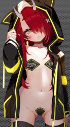 Rule 34 | 1girl, adjusting clothes, animal hood, black thighhighs, blush, coat, earrings, flat chest, gluteal fold, hair ornament, hair over one eye, head tilt, highres, hood, hood up, hoodie, hoozuki warabe, horns, jewelry, kajimakoto, long hair, long sleeves, looking at viewer, naked coat, naked hoodie, navel, noripro, oni, oni horns, open clothes, open coat, pasties, pointy ears, red hair, smile, solo, thick eyebrows, thighhighs, upper body, virtual youtuber, x hair ornament, yellow eyes