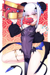 Rule 34 | 1girl, absurdres, bamboo steamer, bare shoulders, black dress, breasts, bun cover, china dress, chinese clothes, covered navel, detached sleeves, dim sum, double bun, dragon tail, dragon wings, dress, fate/grand order, fate (series), forked eyebrows, hair bun, highres, long hair, looking at viewer, melusine (fate), melusine (swimsuit ruler) (fate), open mouth, pelvic curtain, sidelocks, small breasts, solo, tail, textless version, thighs, watosu, white hair, wings, yellow eyes