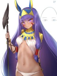 Rule 34 | 1girl, artist name, blush, bracelet, breasts, closed mouth, dark-skinned female, dark skin, facepaint, fate/grand order, fate (series), hair between eyes, hairband, highres, holding, holding staff, jewelry, long hair, looking at viewer, medium breasts, medjed (fate), midriff, navel, nitocris (fate), polearm, purple eyes, purple hair, signature, simple background, solo, staff, upper body, very long hair, weapon, white background, yaman (yamanta lov)