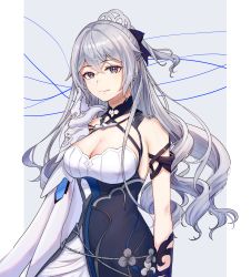 Rule 34 | 1girl, bare shoulders, border, breasts, bronya zaychik, bronya zaychik (silverwing: n-ex), cleavage, closed mouth, dress, drill hair, earrings, grey background, grey eyes, grey hair, hair ornament, highres, honkai (series), honkai impact 3rd, jewelry, large breasts, long hair, looking at viewer, raner33682, simple background, smile, solo, twin drills, white border, white dress