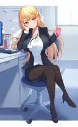 Rule 34 | 1girl, absurdres, alternate costume, arm support, black footwear, blazer, blonde hair, breasts, chair, cleavage, closed mouth, crossed legs, earrings, high heels, highres, id card, jacket, jewelry, large breasts, long hair, looking at viewer, mythra (xenoblade), office chair, office lady, outside border, pantyhose, sitting, smile, solo, strawberry milk, swept bangs, swivel chair, taro (peach taro51), xenoblade chronicles (series), xenoblade chronicles 2, yellow eyes
