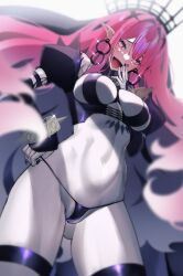 Rule 34 | 1girl, absurdres, bare shoulders, black panties, bracelet, breasts, bridal gauntlets, detached sleeves, earrings, baobhan sith (fate), baobhan sith (second ascension) (fate), fate/grand order, fate (series), grey eyes, highres, jewelry, large breasts, long hair, looking at viewer, navel, open mouth, pale skin, panties, pink hair, pointy ears, revealing clothes, sanazura hiroyuki, sidelocks, smile, solo, spiked bracelet, spikes, thigh strap, thighs, tiara, underwear, veil