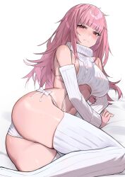 Rule 34 | 1girl, alternate costume, ass, bed sheet, blush, breasts, detached sleeves, glaring, highres, hololive, hololive english, kouhiipan, large breasts, long hair, looking at viewer, lying, meme attire, messy hair, mori calliope, navel, on side, panties, pink hair, red eyes, side-tie panties, thighhighs, underwear, virgin destroyer sweater, virtual youtuber