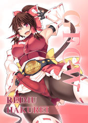 Rule 34 | 1futa, belt, blush, breasts, brown hair, bulge, covered erect nipples, detached sleeves, erection, erection under clothes, fingerless gloves, fishnet pantyhose, fishnets, from below, futanari, gloves, hakurei reimu, hisui (stapspats), impossible clothes, impossible shirt, large breasts, long hair, one eye closed, open mouth, pantyhose, ponytail, red eyes, shirt, smile, solo, thighhighs, touhou, v, very long hair, wink