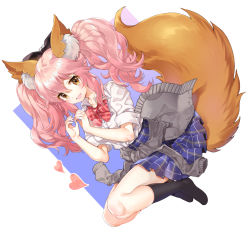 Rule 34 | 10s, 1girl, animal ear fluff, animal ears, bad id, bad pixiv id, black legwear, black panties, bow, bowtie, breasts, fate/extella, fate/extra, fate (series), fox ears, fox tail, heart, long hair, looking at viewer, official alternate costume, open mouth, panties, pink hair, pleated skirt, red bow, red bowtie, school uniform, serafuku, shiosoda, shirt, skirt, smile, solo, tail, tamamo (fate), tamamo no mae (fate/extra), tamamo no mae (jk) (fate), twintails, underwear, yellow eyes